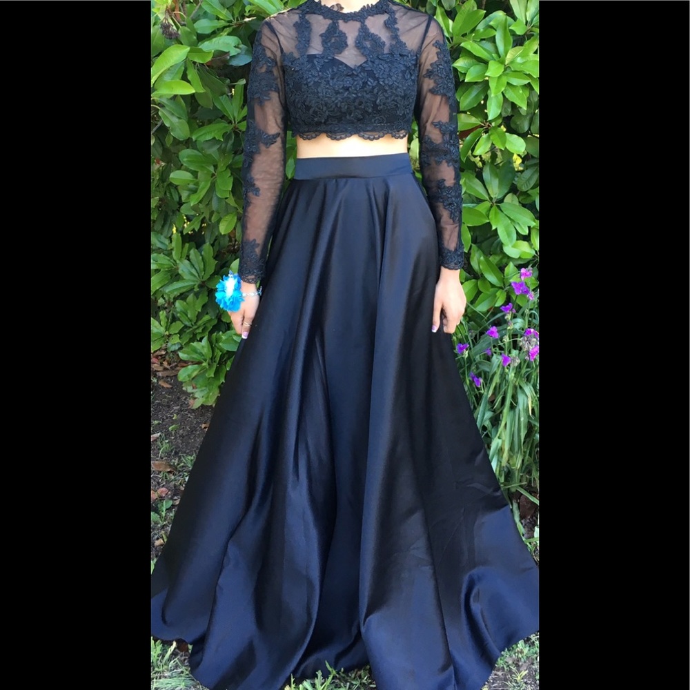 Black two piece lace prom dress.